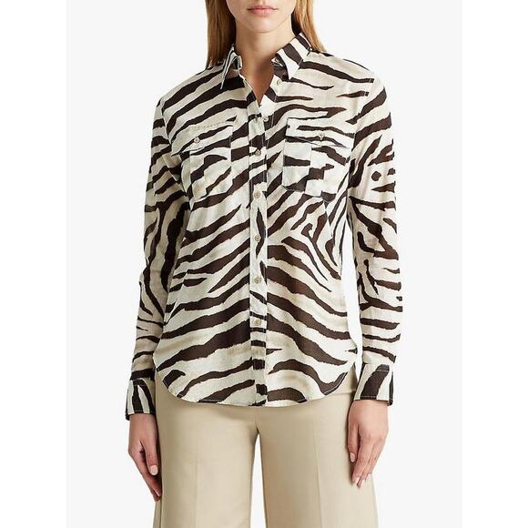 Lauren Ralph Lauren Courtenay Zebra Print Long Sleeve Button Up Shirt Size L - Picture 1 of 9